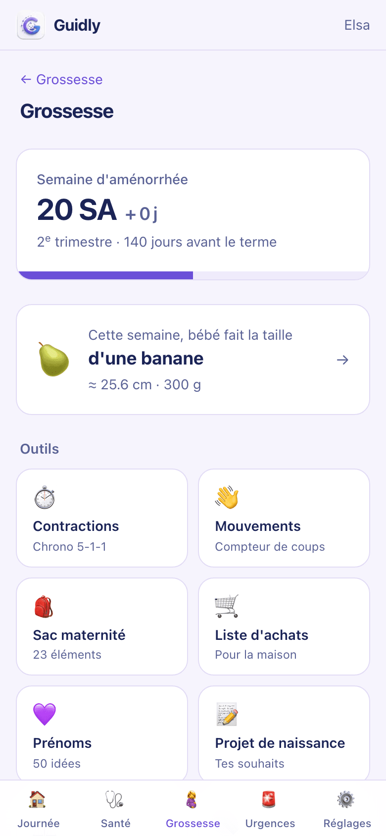 L'écran Grossesse de Guidly : la semaine d'aménorrhée en grand avec le trimestre et les jours restants, la taille du bébé cette semaine-là, puis les huit outils du module.