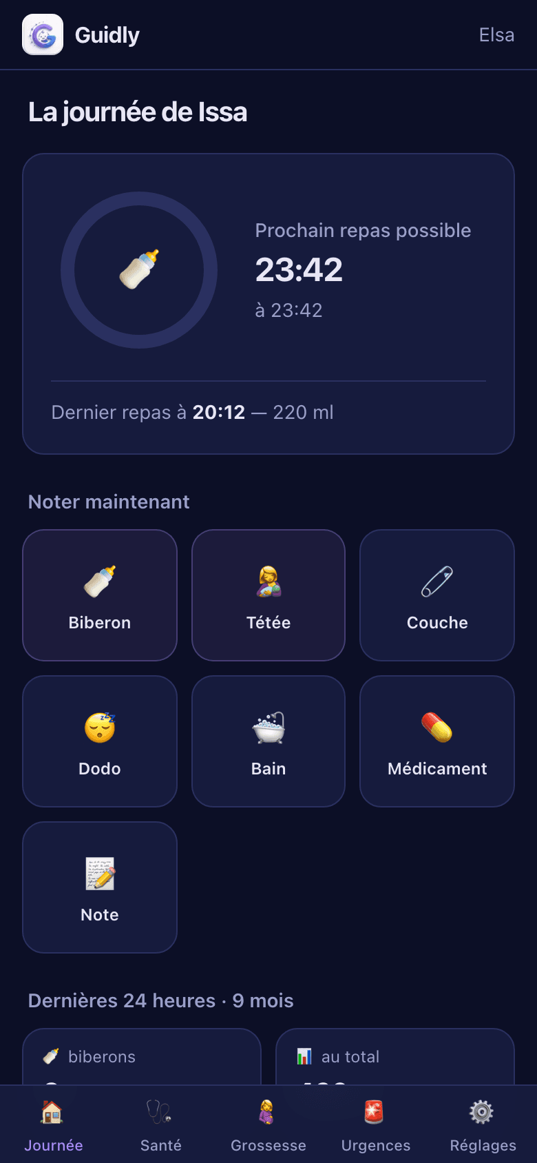 L'écran de Guidly en pleine nuit : la journée d'Issa, avec le moment où le prochain repas devient possible et le dernier biberon noté.