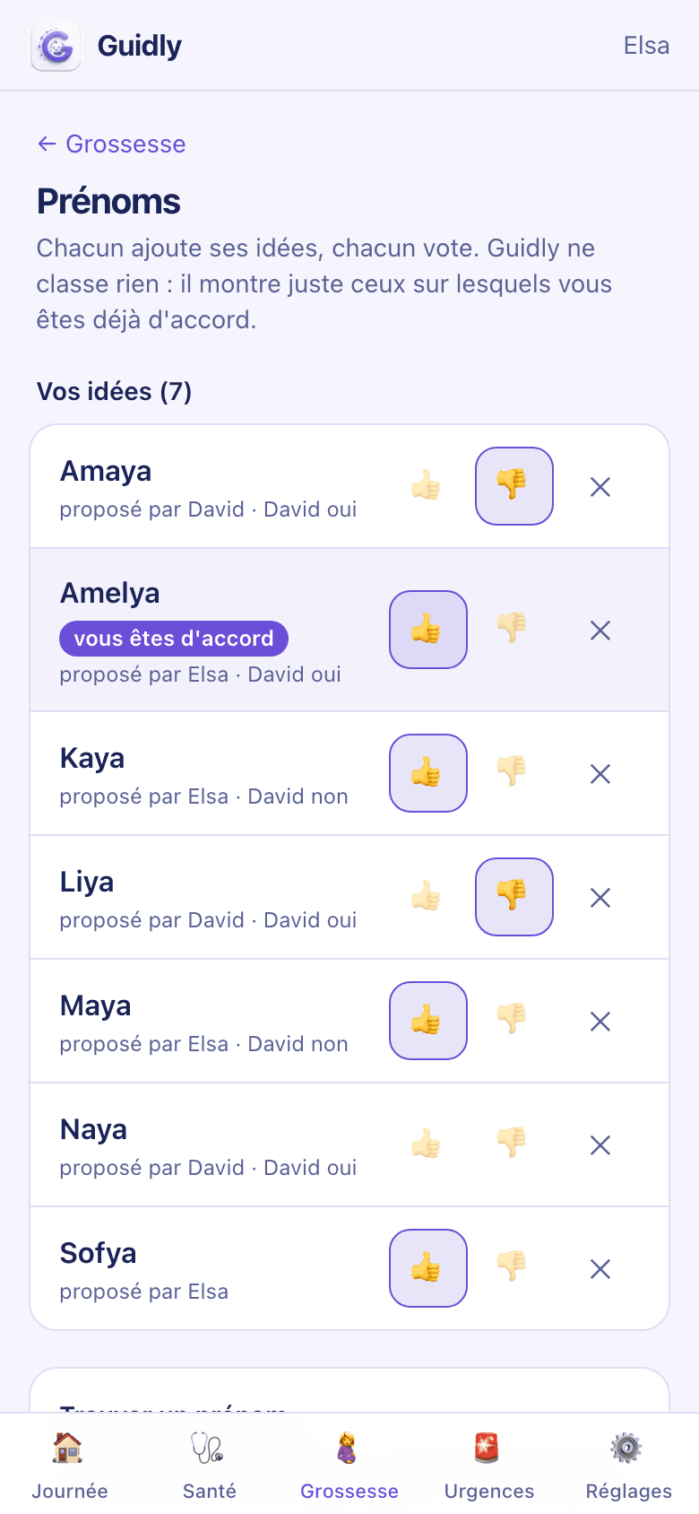 L'écran Prénoms de Guidly : les idées partagées de la famille, chacune signée du parent qui l'a proposée, avec le vote de chacun et les prénoms sur lesquels les deux sont d'accord.